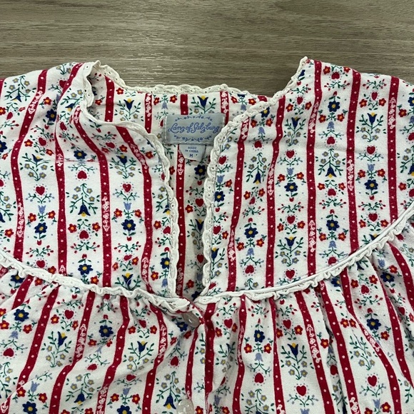 LANZ OF SALZBURG Tyrolean Flannel Nightgown White Red Stripes Floral Hearts M - Picture 2 of 6